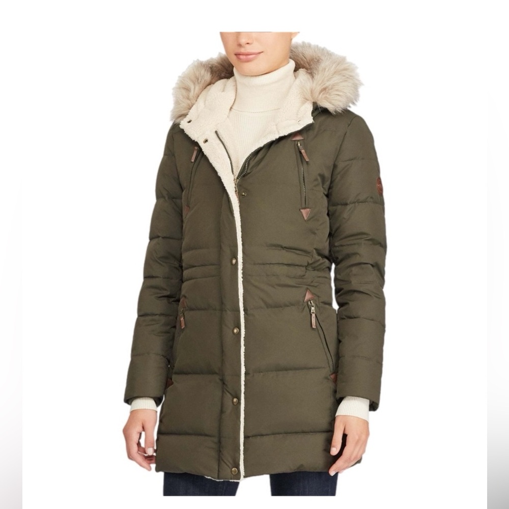 Ralph Lauren Olive Puffer Coat with Faux Fur Hood